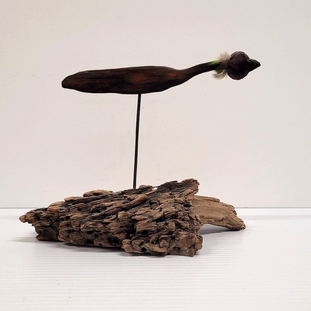 Handcrafted Wood Bird Shape Driftwood Base 7'' Metal Rod Sculpture MCM Vtg